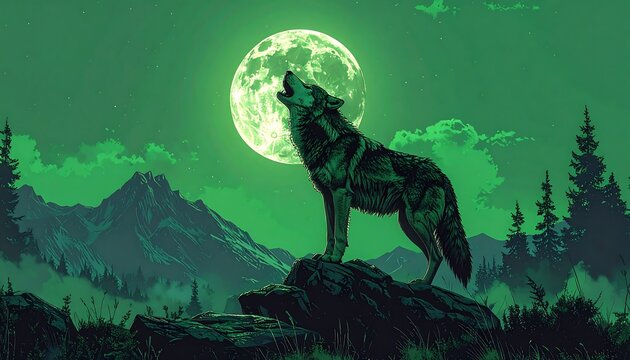 A majestic wolf howls at the luminous green moon in a misty mountain landscape.