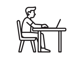 Man in chair at table with laptop line art vector