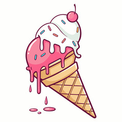 Scoop Ice Cream Cone with Cherry and Sprinkles Vector 
