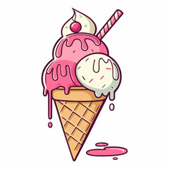 Scoop Ice Cream Cone with Cherry and Sprinkles Vector 