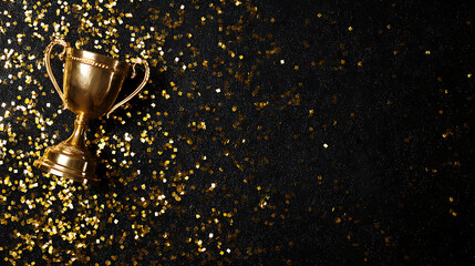 Golden trophy placed on a black surface surrounded by scattered golden glitter, symbolizing victory