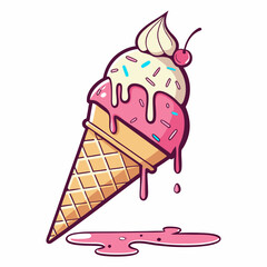 Scoop Ice Cream Cone with Cherry and Sprinkles Vector 