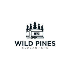 Fototapeta premium Moving Caravan Vehicle Logo with Pine Trees for a Forest Camping Adventure Travel Logo Design
