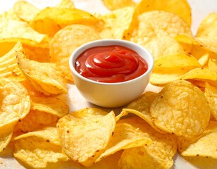 A generous pile of crispy tortilla chips with a small bowl of red sauce, ready to be enjoyed.