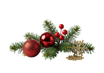Elegant Christmas sprig, evergreen needles, red matte bauble, holly berries, golden snowflake on transparent background, photorealistic, high-key studio light, festive elegance concept