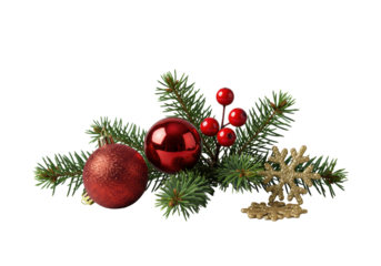 Elegant Christmas sprig, evergreen needles, red matte bauble, holly berries, golden snowflake on transparent background, photorealistic, high-key studio light, festive elegance concept