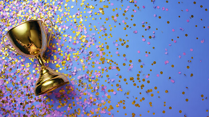 Golden trophy surrounded by colorful confetti on a vibrant blue background, celebrating success