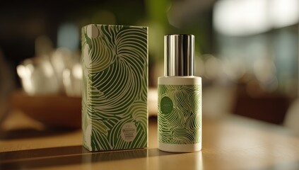 Elegant perfume bottle and box with green design on wooden table.