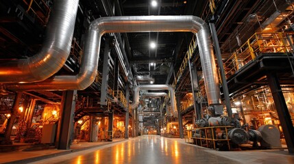 Obraz premium Industrial Interior with Steel Piping and Equipment, Featuring Metallic Structures and Complex Infrastructure for Engineering