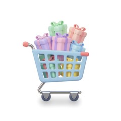Cute 3d Shopping Cart Full of Colorful Gift Boxes Illustration