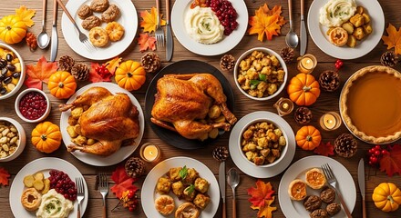 Overhead view of a thanksgiving feast featuring roasted turkey, side dishes, and desserts arranged on a wooden table with fall decorations and cutlery