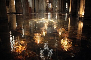 Mysterious reflections of illuminated columns in dark water.