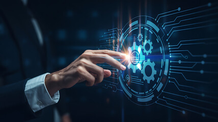 Businessman's hand pushing a virtual screen button on a digital technology interface for global future communication