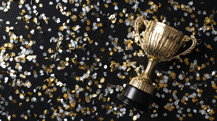 Golden trophy on a black surface surrounded by colorful confetti celebrating victory