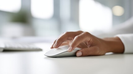 Businesswoman's hand using a computer mouse while working at the bright modern office desk