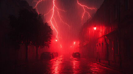 Dramatic thunderstorm with red lightning illuminating a deserted street at night