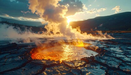 Dramatic sunrise over a steaming volcanic crater with molten lava.