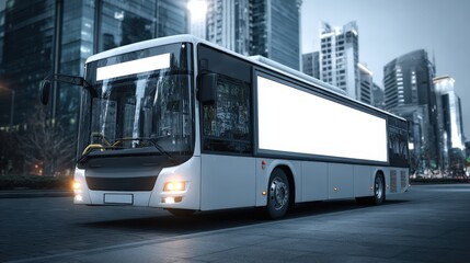Modern City Bus with Blank Advertisement Space Driving Through Urban Landscape During Evening Time