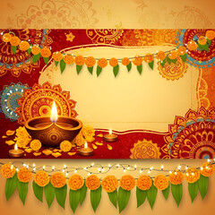 Banner with traditional Diwali diya oil lamp. Deepavali greeting template with copy space. Hindu festival of lights. Pongal, Ugadi, Gudi Padwa. Decor for Indian holidays. Design for invitation