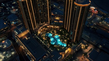 Night aerial view of city skyscrapers with illuminated rooftop pool.