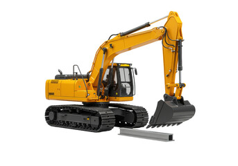 Fototapeta premium Bright yellow, highly detailed, glossy wheeled excavator model with spotless digging bucket and miniature polished I-beam, on transparent background with even studio lighting, professional product