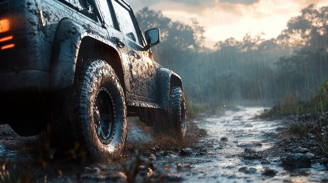Mud-splattered SUV driving on a wet, muddy forest trail at sunset.