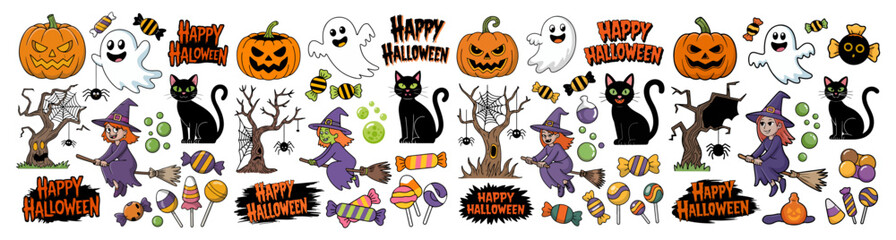 halloween icon set with ghost bat skull and pumpkin