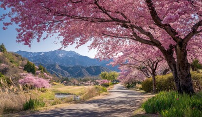 Pink cherry blossoms line a road, mountains in background