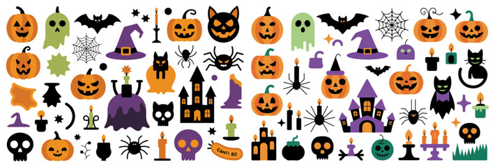 happy halloween elements set with ghost pumpkin bat cat hand drawn style