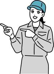 指を差す作業員の女性のイラスト