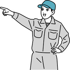 遠くを指差す作業員の男性のイラスト