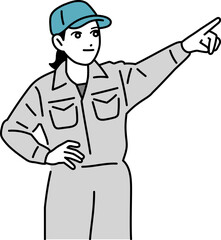 遠くを指差す作業員の女性のイラスト