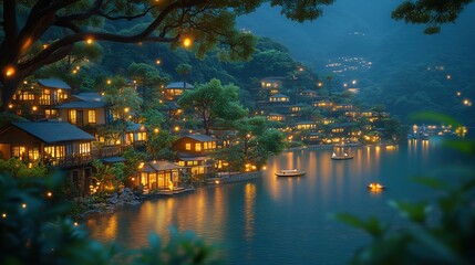 Fototapeta premium Illuminated Riverside Village At Night