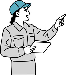 指を指してチェックをする作業服の女性のイラスト