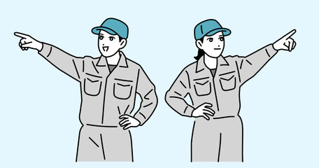 遠くを指差す作業員の男女のイラスト