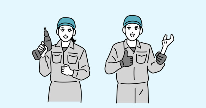 工具を持った作業員の男女のイラスト