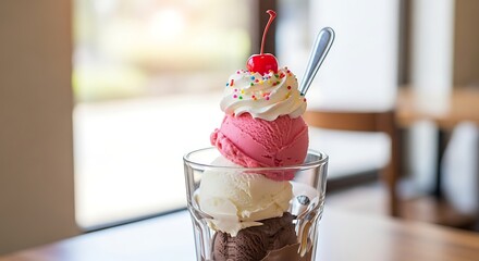 Delicious layered ice cream sundae with cherry and sprinkles.