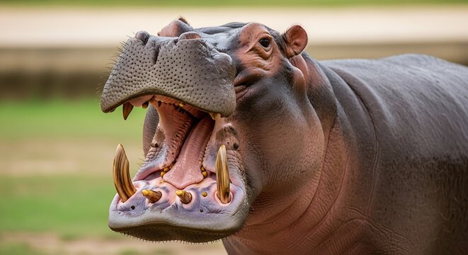 Close up of a hippopotamus yawning showing its large teeth and mouth.