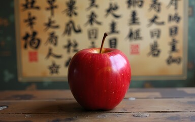 Red Apple Still Life on Rustic Table with Asian Calligraphy Backdrop. High quality