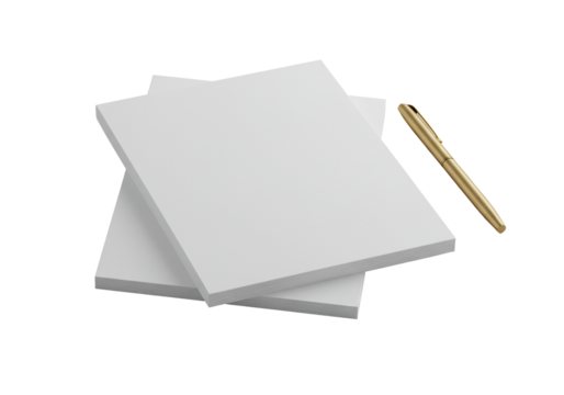 Three pristine, highly textured white paper sheets stacked with a sleek brass pen on a seamless transparent background, angled flat lay, bright studio light, concept of sophisticated minimalist