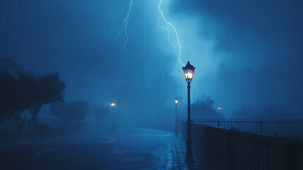 Dramatic storm scene with lightning illuminating a deserted street and lampposts at night