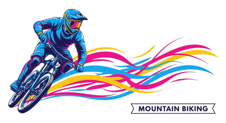 A mountain biker in full gear rides downhill, surrounded by colorful abstract waves.