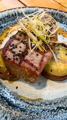 Grilled tuna steak with vibrant sesame, delicate yam slices, and enigmatic ginger strands, perfect for Matsuri celebrations, Neopagan feasts