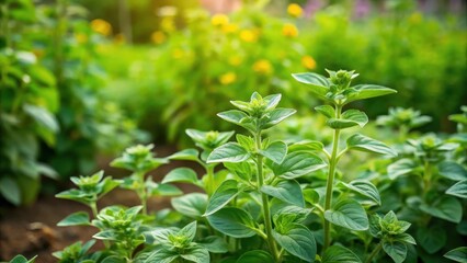 Obraz premium Oregano plant growing in a lush green backyard garden with multiple stalks