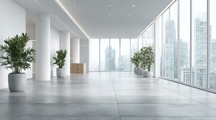 Bright Modern Office Lobby with Cityscape View, Featuring Plants, White Columns, and Natural Light