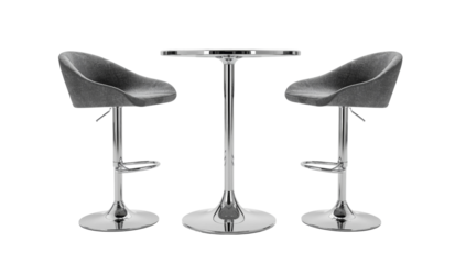 Elegant chrome bar table with two modern gray upholstered swivel stools for interior design