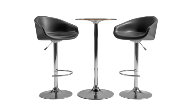 Sleek chrome bar set, featuring two adjustable chairs flanking a slender table on transparent