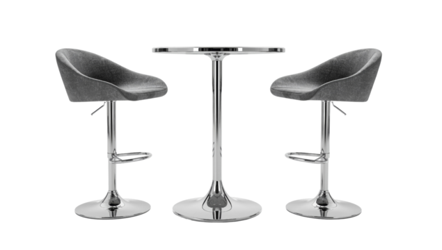 Elegant chrome bar table with two modern gray upholstered swivel stools for interior design