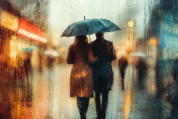 Generative AI romantic couple walking under umbrella during heavy rain on quiet forest city park street road