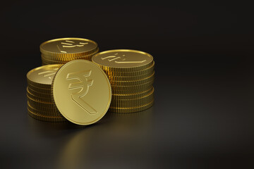 Golden coins with rupee sign with copy space. 3d illustration.